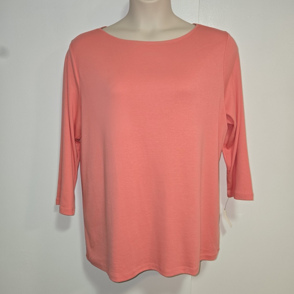 Talbots Plus Size 2X Coral Pink 3/4 Sleeve Beachy Boatneck Tee Knit Top NEW